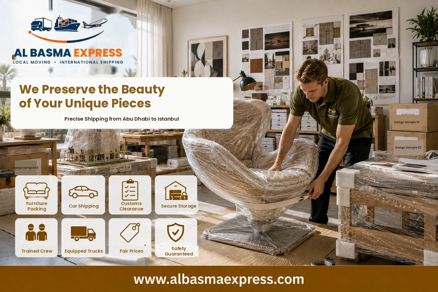 Designer armchair being wrapped in Abu Dhabi for shipping to Türkiye