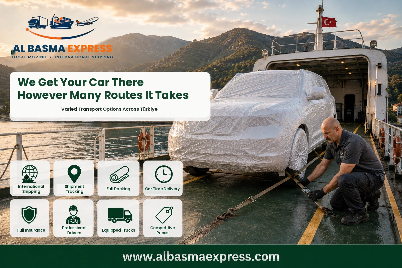 Covered car secured on a ferry deck for shipping from Abu Dhabi to Türkiye