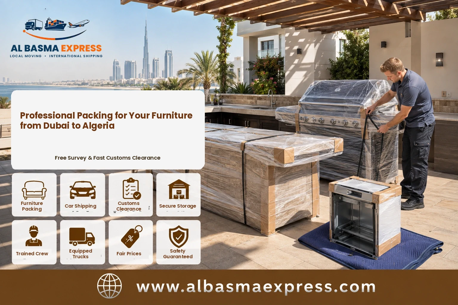 Outdoor kitchen units being wrapped in Dubai for shipping to Algeria