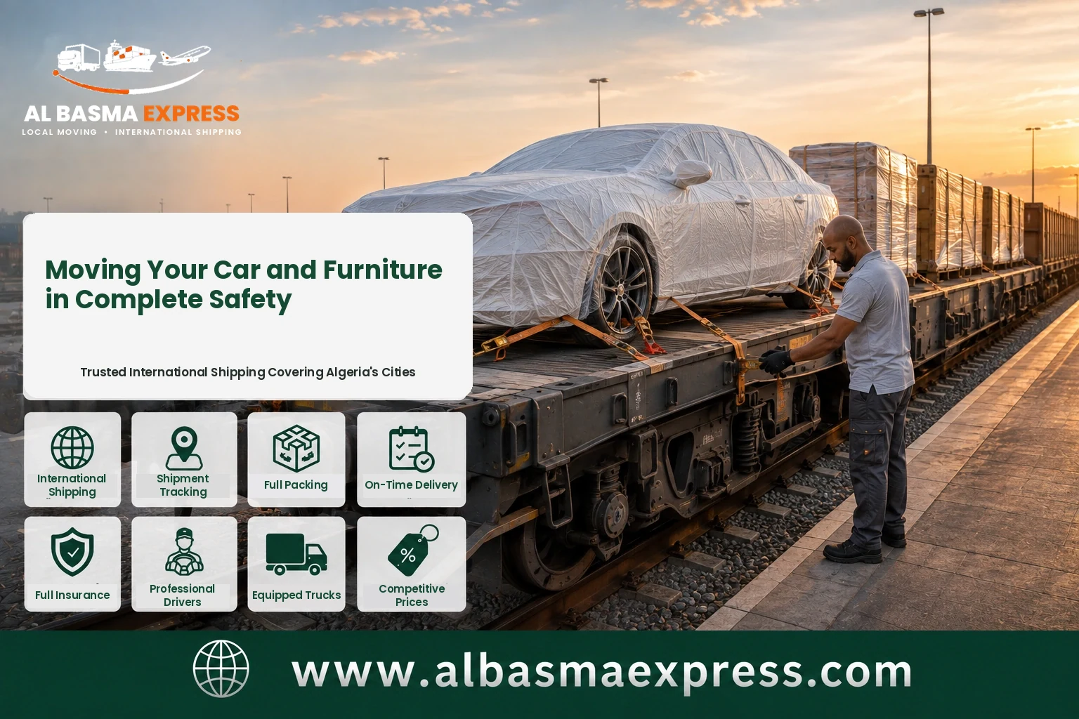 Covered car secured on a rail wagon for shipping from Dubai to Algeria