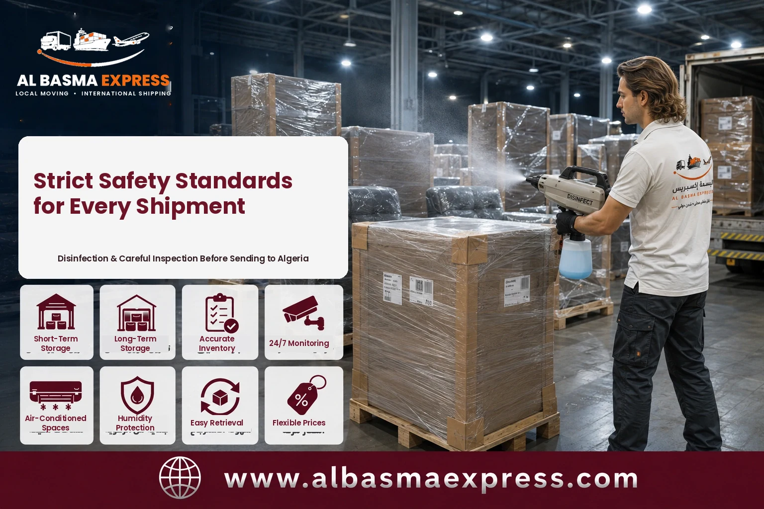 Pallet being disinfected in the warehouse before shipping from Dubai to Algeria