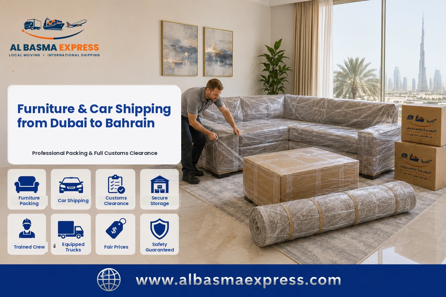 Sofa being wrapped in a Dubai living room for shipping to Bahrain
