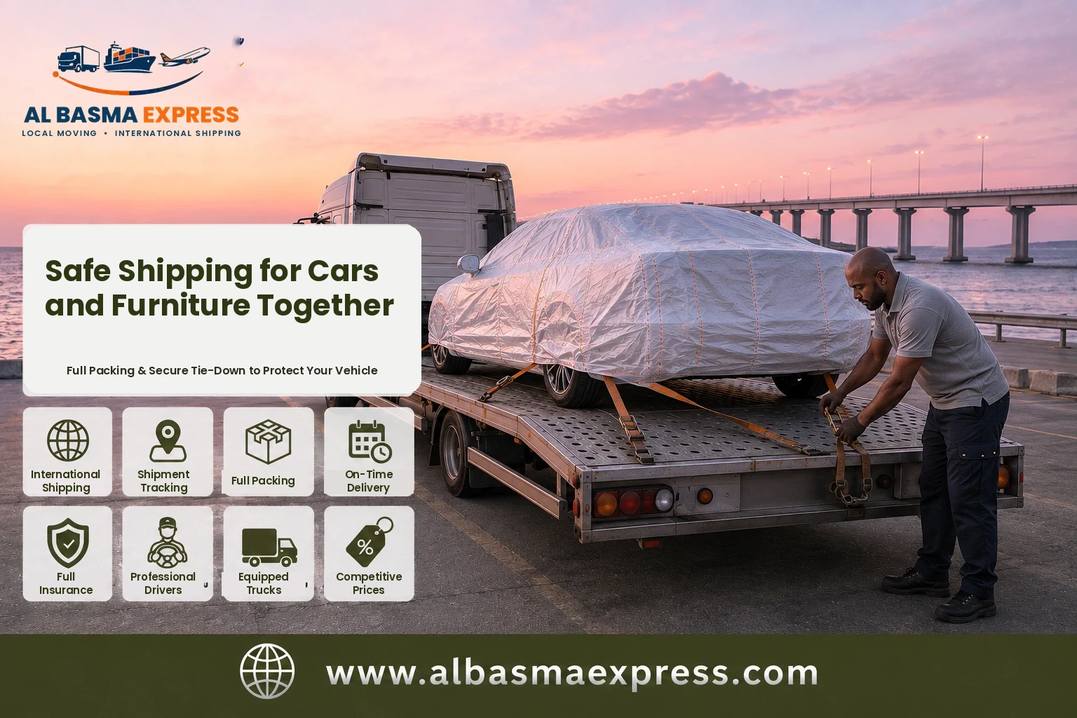 Covered car secured on a transporter near the causeway for shipping from Dubai to Bahrain