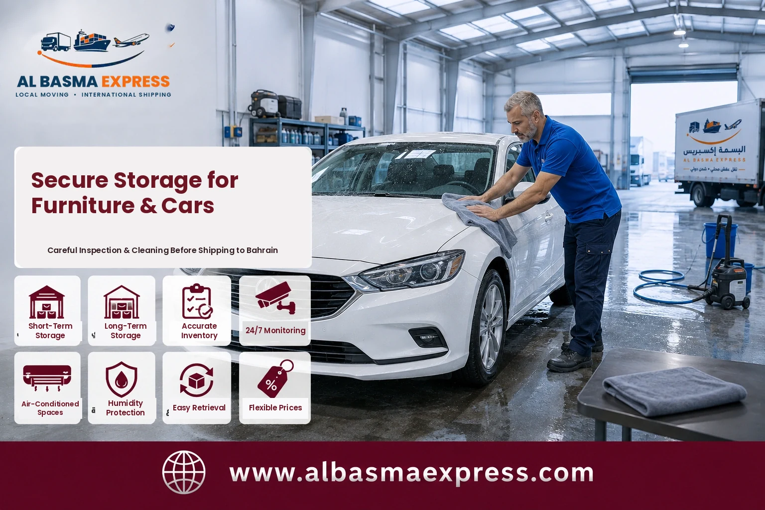 Car being cleaned and checked before shipping from Dubai to Bahrain