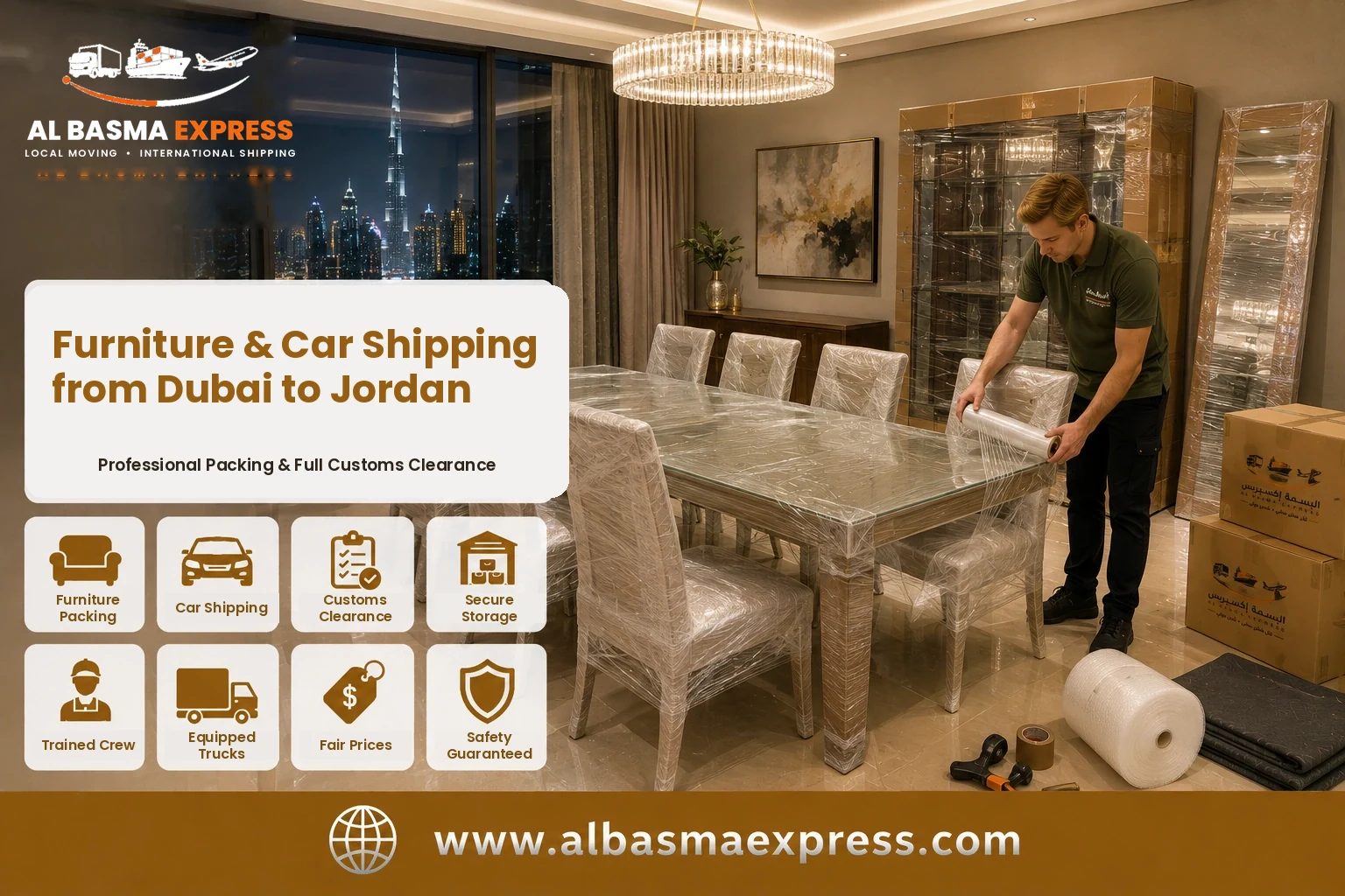 Dining furniture being wrapped in Dubai for shipping to Jordan