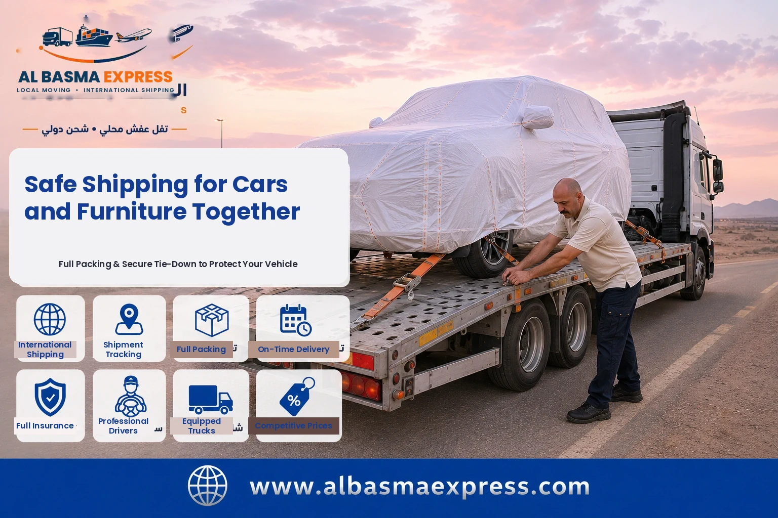 Covered car being secured on a transporter for shipping from Dubai to Jordan