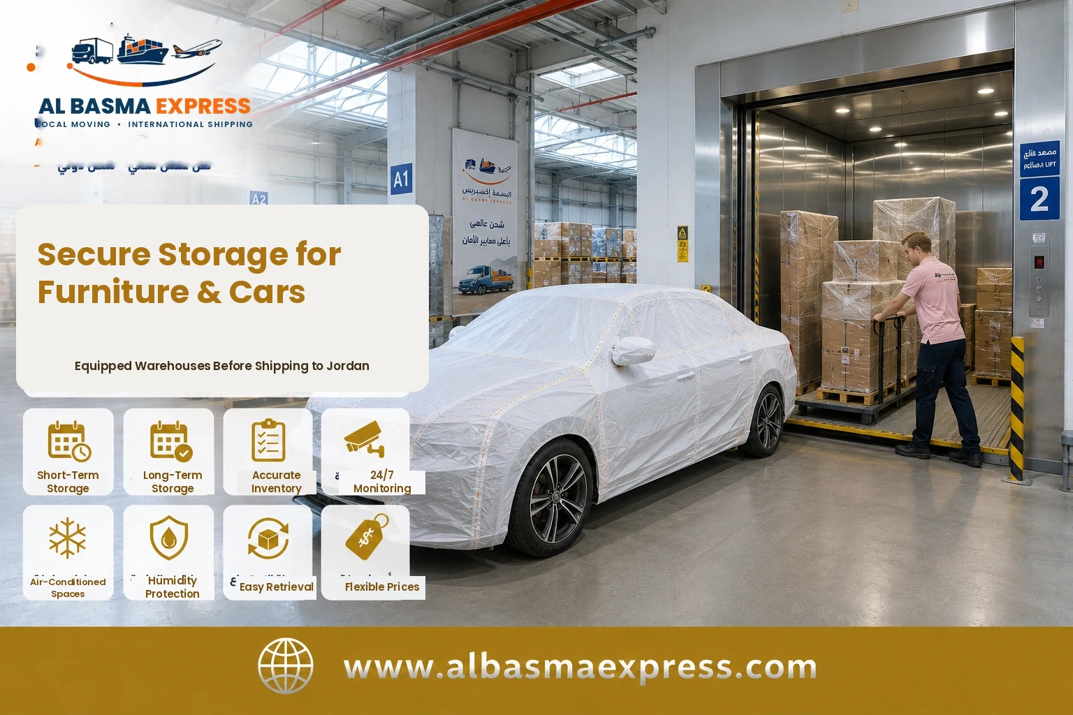 Covered car and pallets in a warehouse before shipping from Dubai to Jordan