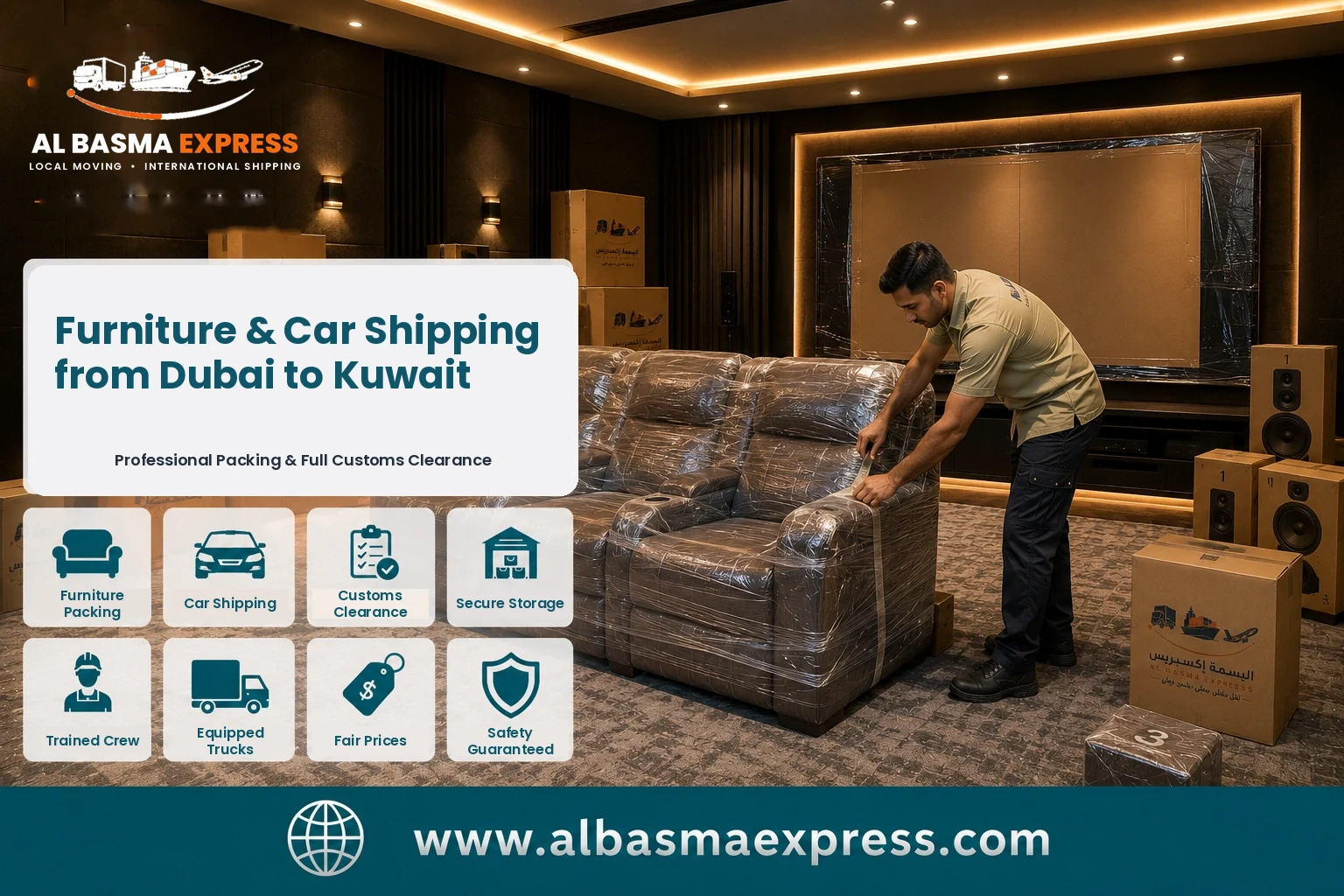 Armchair being wrapped in a Dubai home for shipping to Kuwait