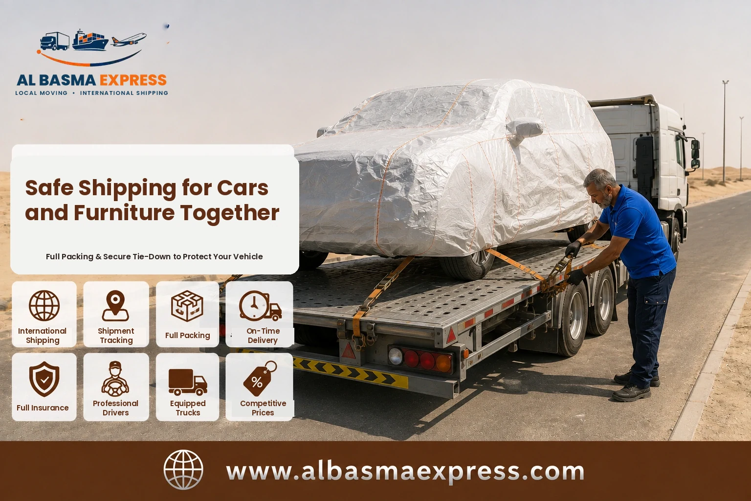 Covered car being secured on a transporter on the desert road from Dubai to Kuwait