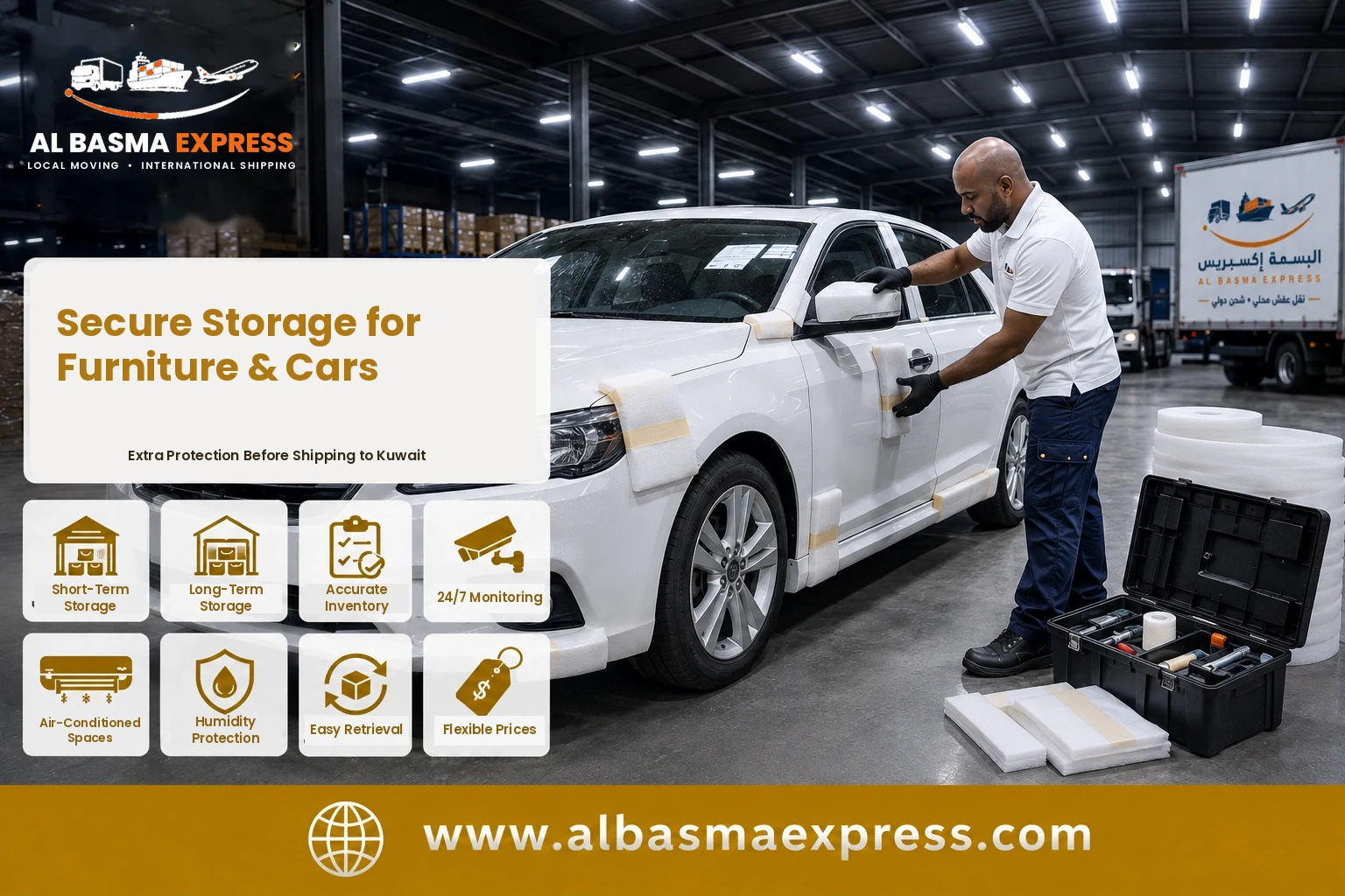 Car being wrapped with foam protection in storage before shipping from Dubai to Kuwait