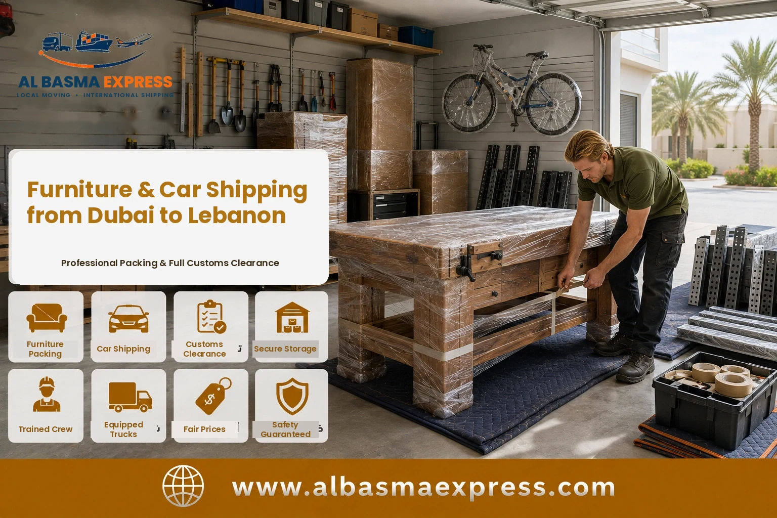 Workbench being wrapped in a Dubai garage for shipping to Lebanon
