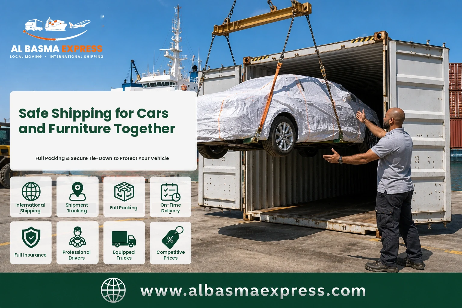 Covered car being lifted into a container at the port for shipping from Dubai to Lebanon