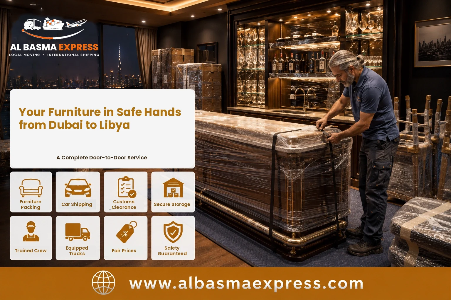 Bar furniture being wrapped in Dubai for shipping to Libya