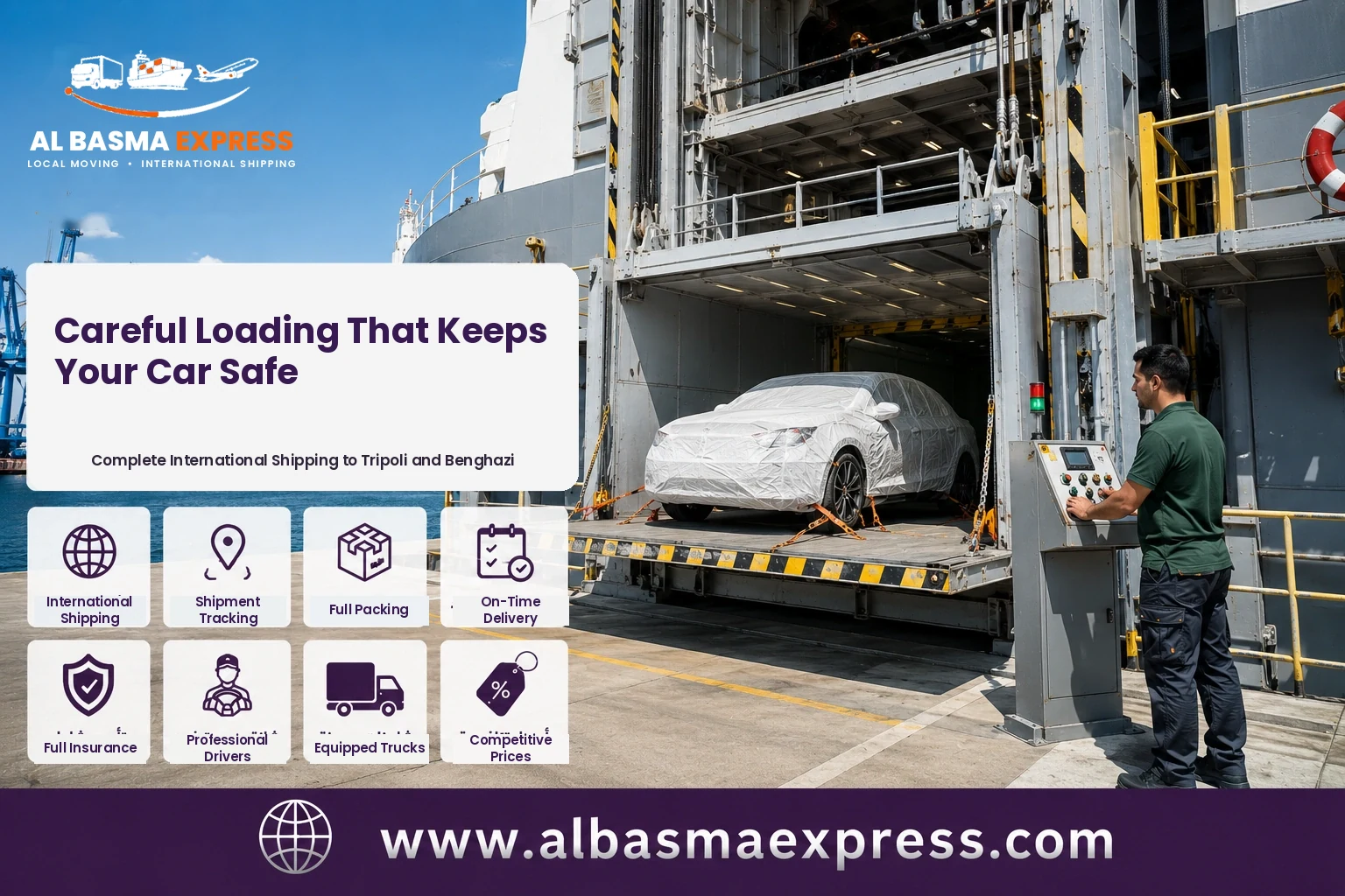 Covered car being loaded onto a vessel at the port for shipping from Dubai to Libya