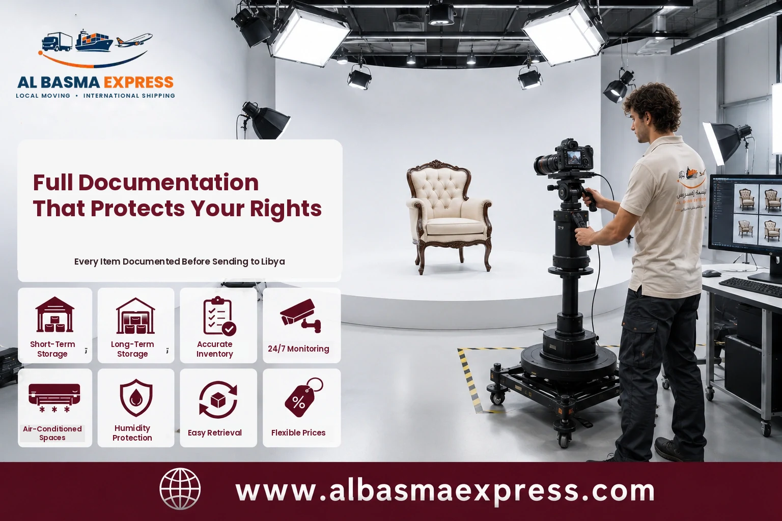 Armchair being photographed and documented before shipping from Dubai to Libya