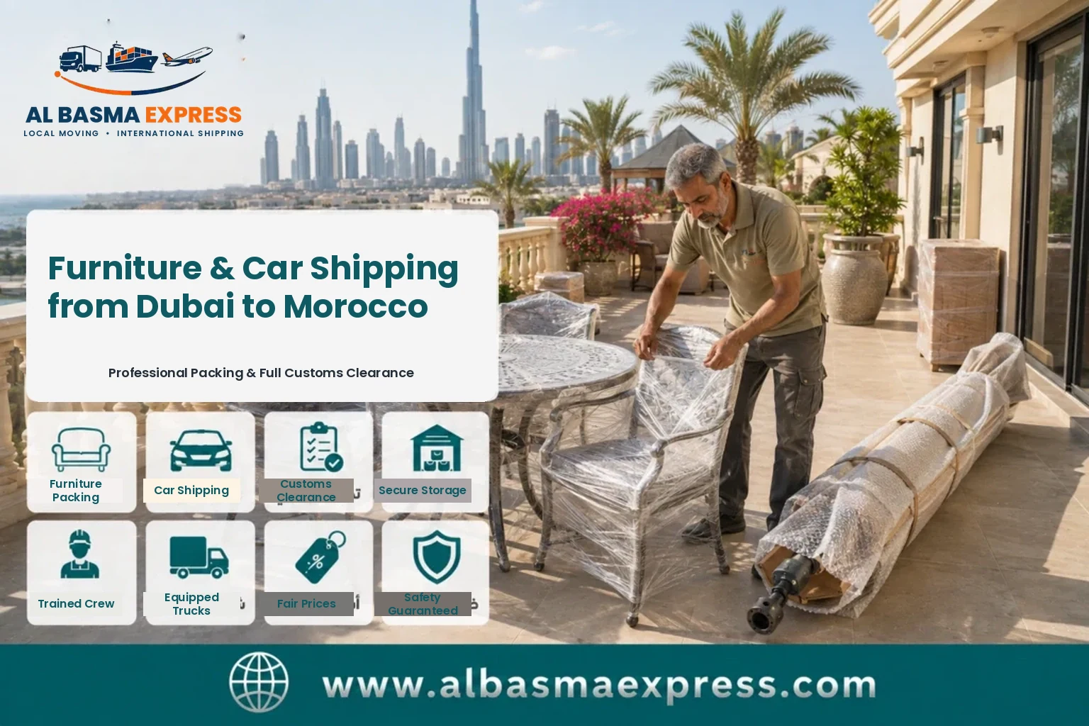 Outdoor furniture being wrapped in Dubai for shipping to Morocco