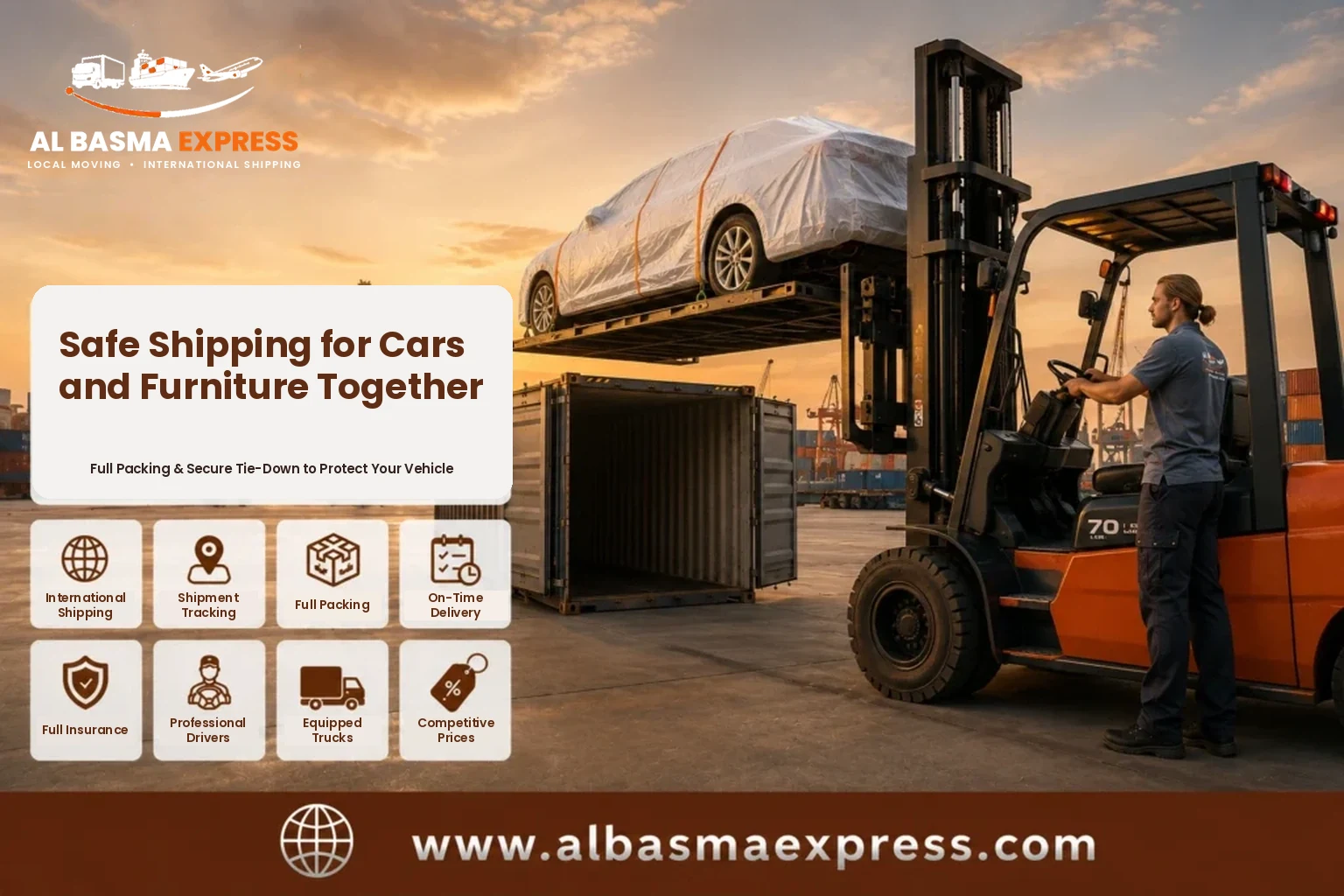 Covered car being lifted by forklift at the port for shipping from Dubai to Morocco