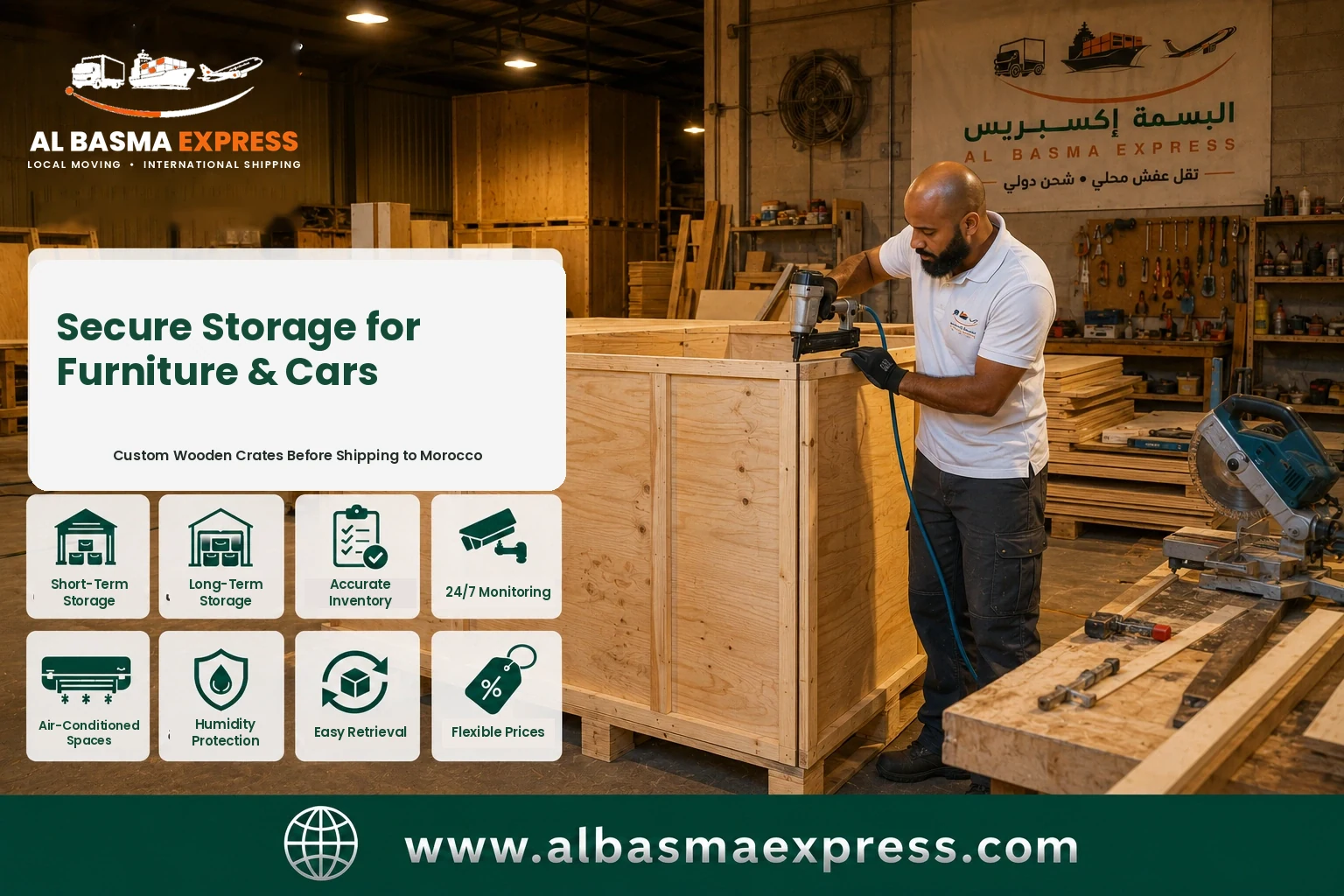 Custom wooden crate being built before shipping from Dubai to Morocco
