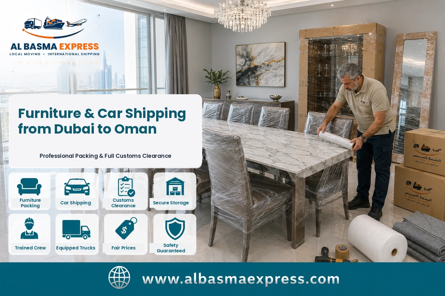 Marble dining table being wrapped in Dubai for shipping to Oman