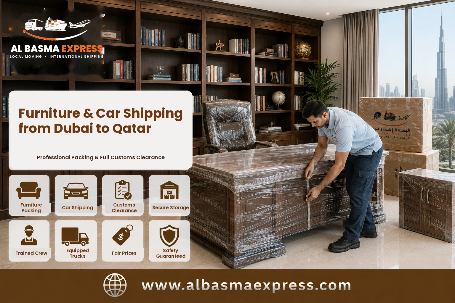Office furniture being wrapped in Dubai for shipping to Qatar