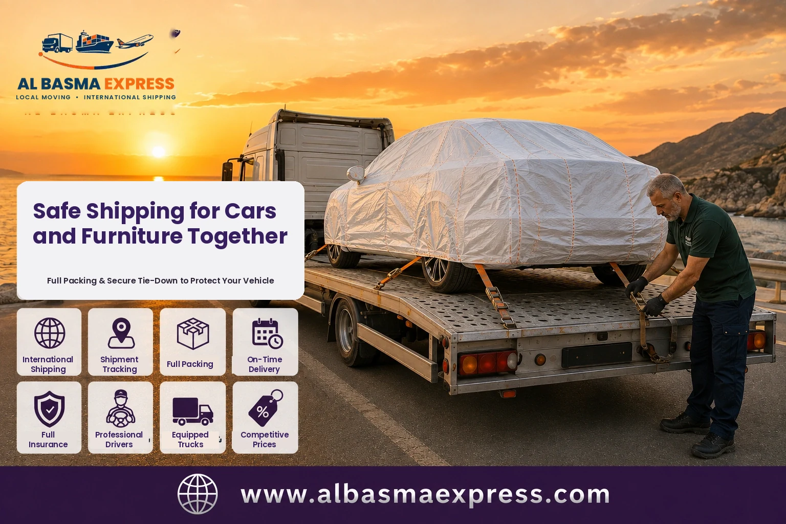 Covered car strapped onto a transporter at sunset for shipping from Dubai to Qatar