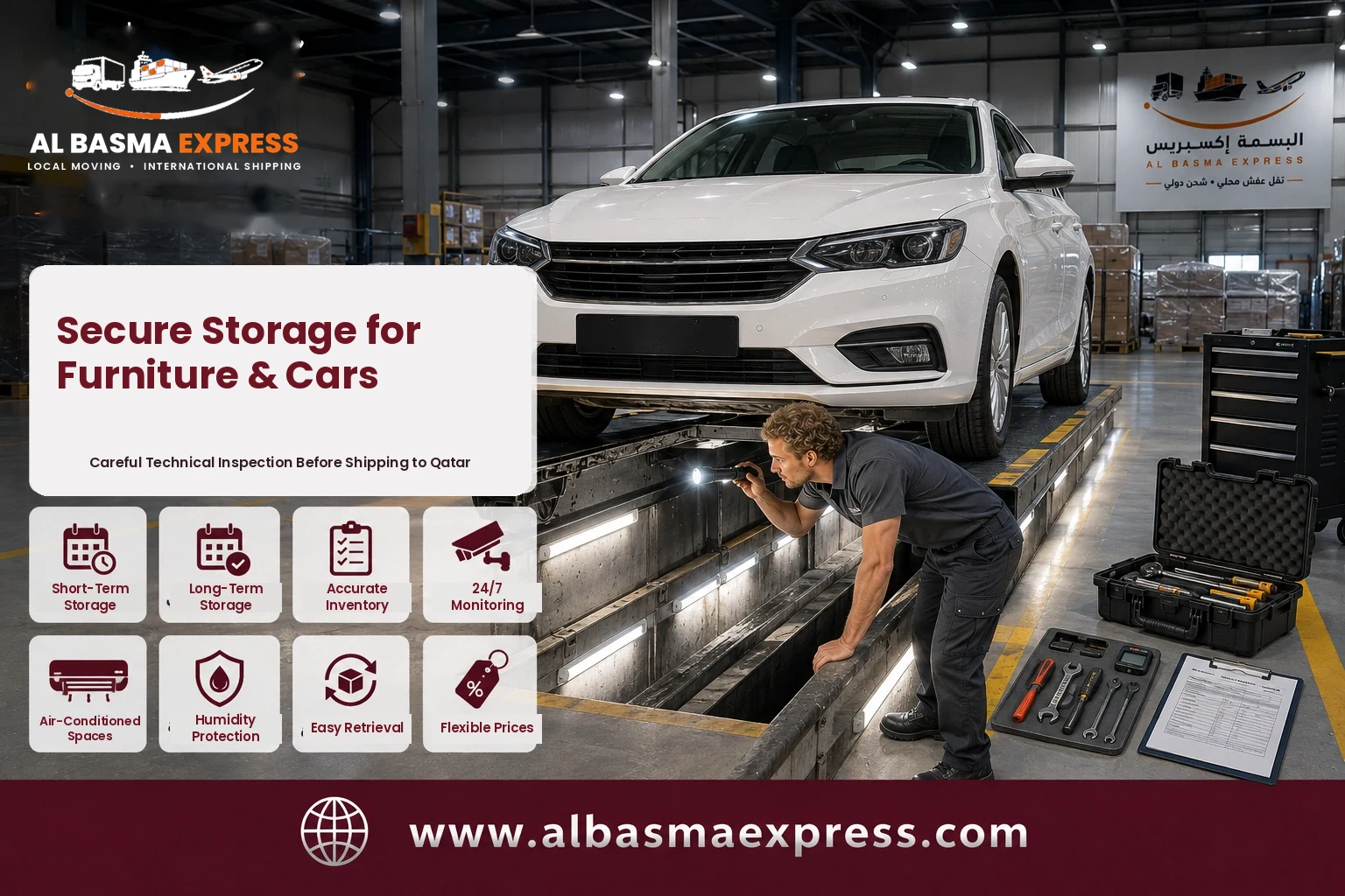 Car being inspected in a workshop before shipping from Dubai to Qatar
