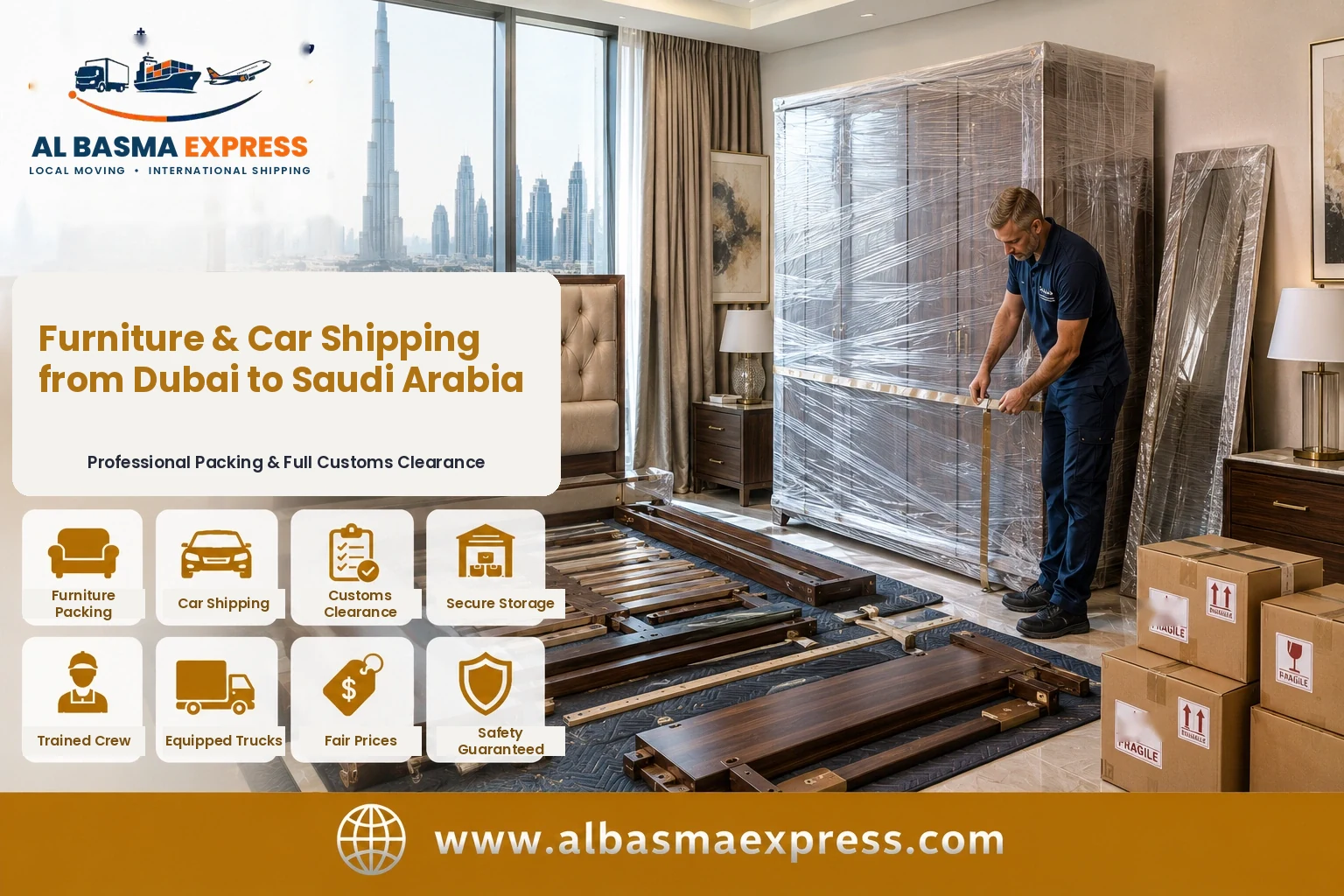Furniture being wrapped in a Dubai apartment for shipping to Saudi Arabia