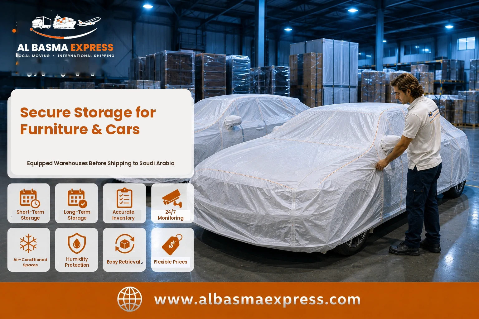 Covered car in an equipped warehouse before shipping from Dubai to Saudi Arabia