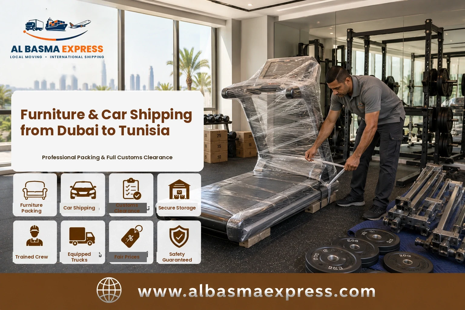 Gym equipment being wrapped in Dubai for shipping to Tunisia