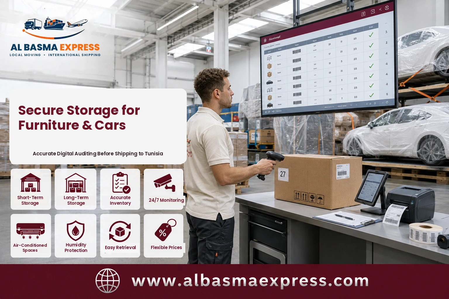 Shipment being scanned and audited in the warehouse before shipping from Dubai to Tunisia