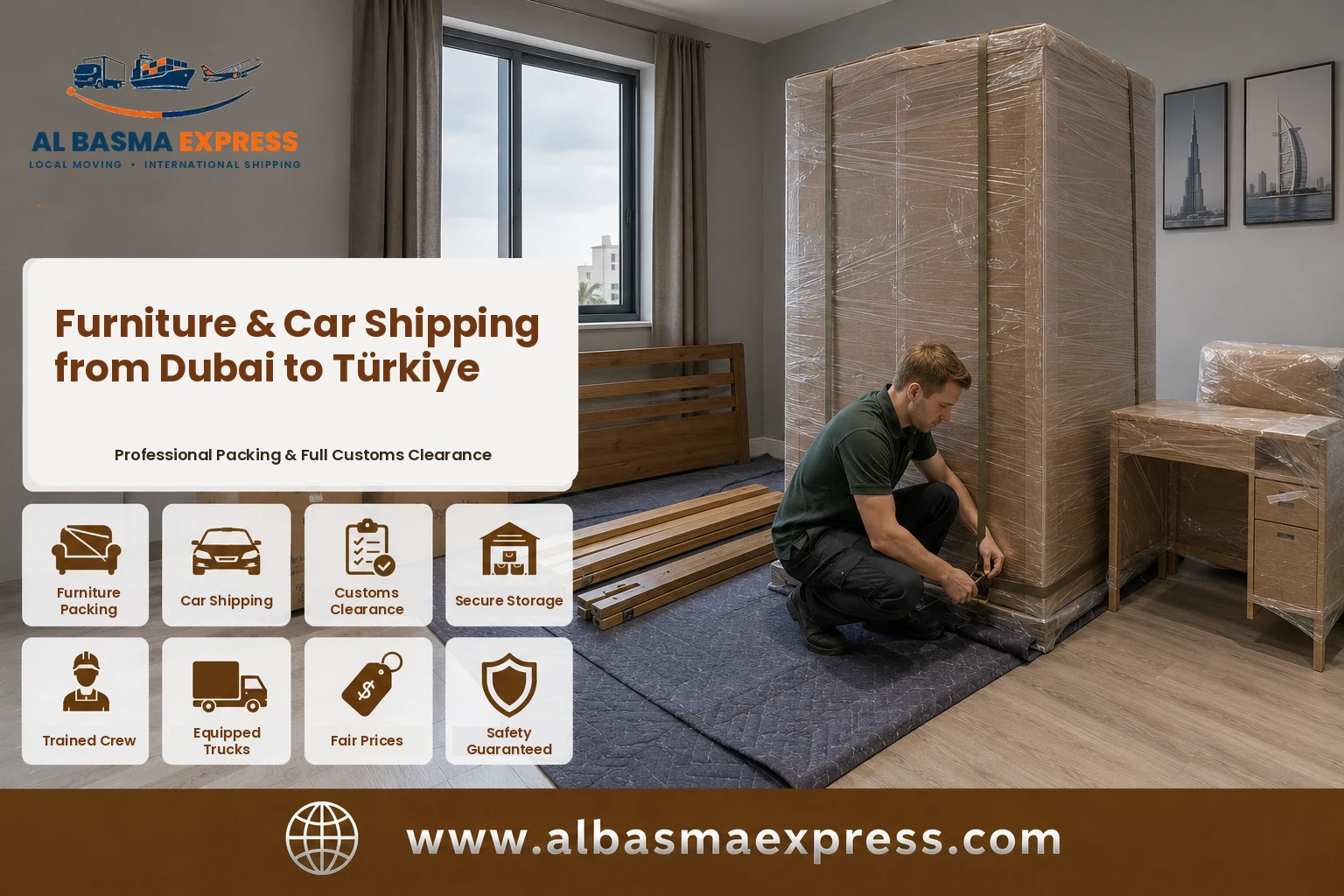 Wardrobe wrapped and ready in a Dubai home for shipping to Türkiye
