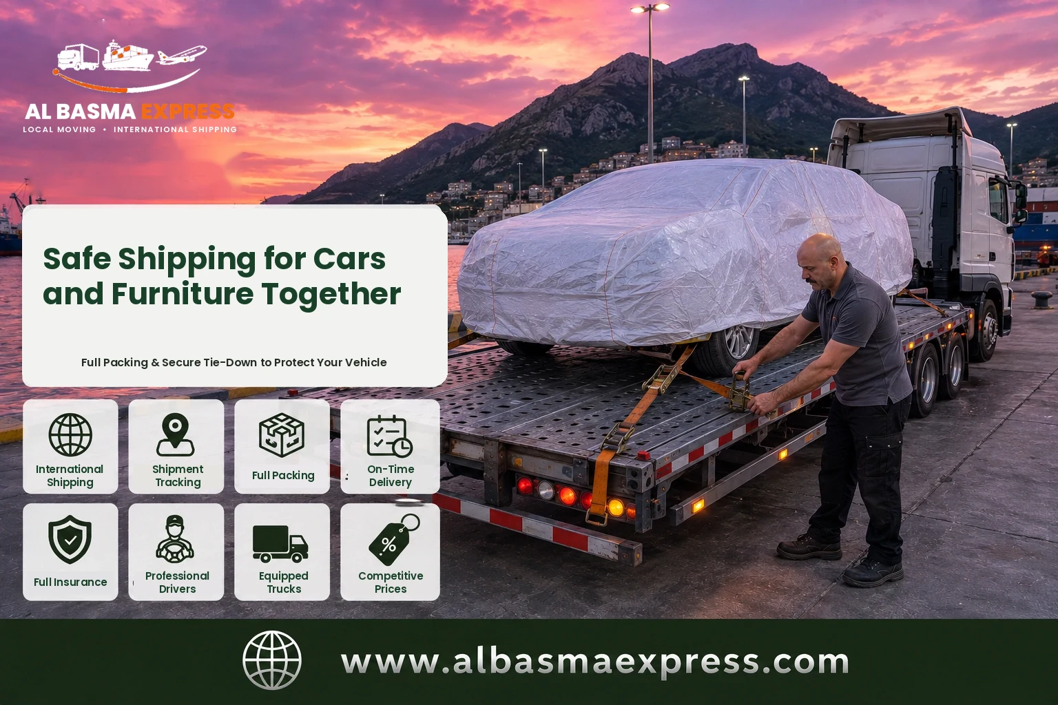 Covered car strapped on a transporter at the port for shipping from Dubai to Türkiye