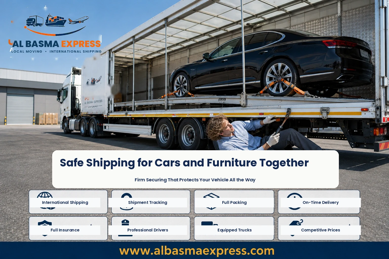 Car secured on a carrier for shipping from Riyadh to Abu Dhabi