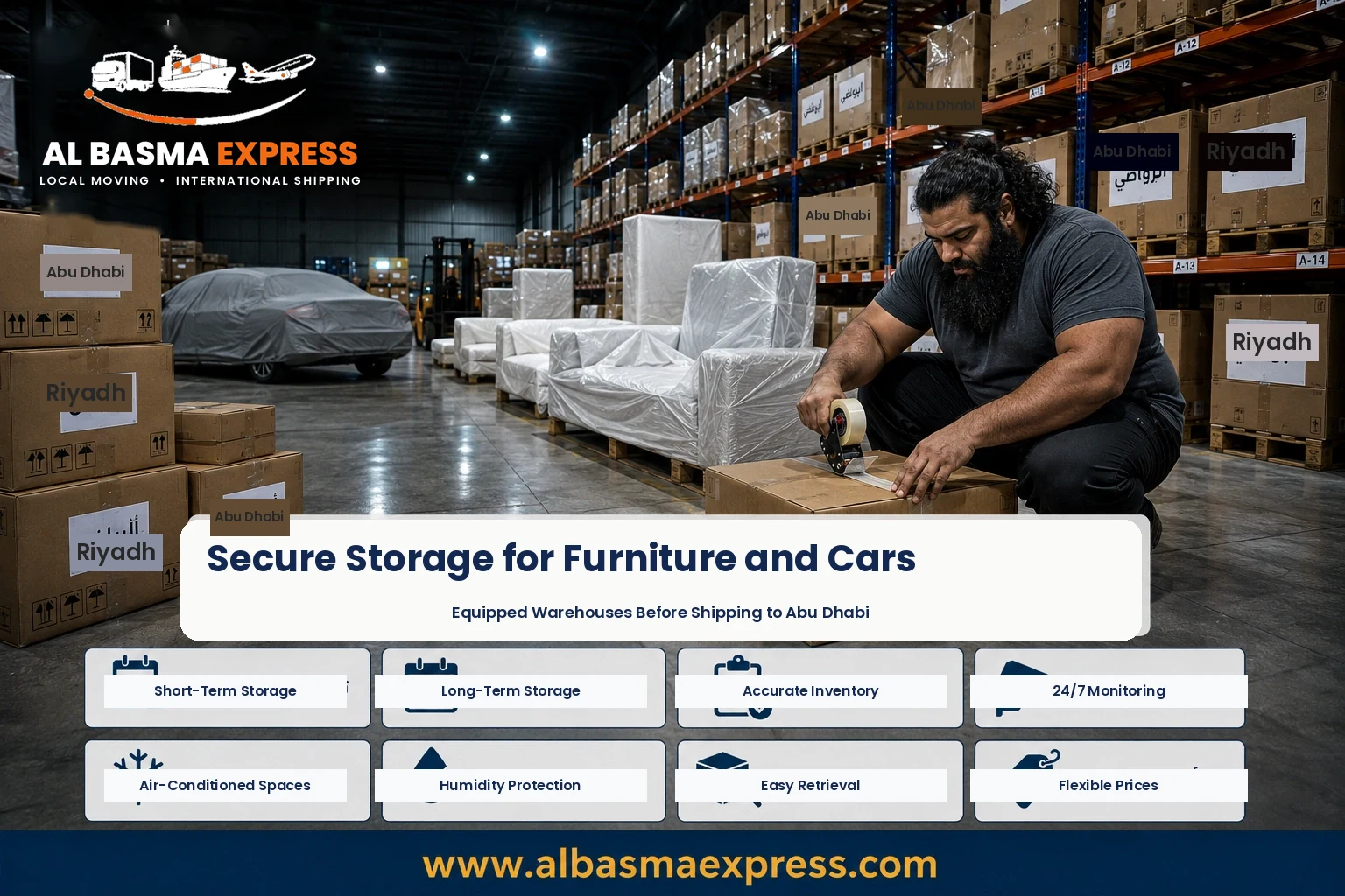 Boxes stored in a warehouse before shipping from Riyadh to Abu Dhabi