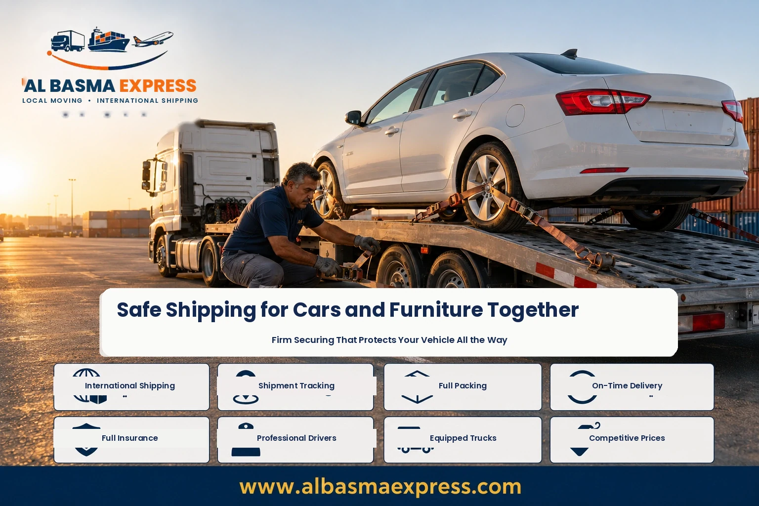 Car being secured on a carrier for shipping from Riyadh to Dubai