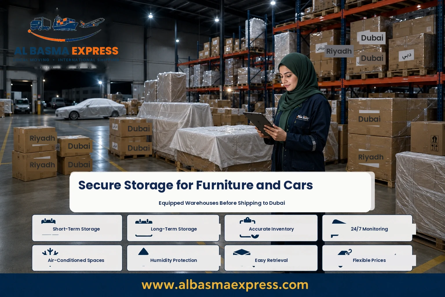 Boxes stored in a warehouse before shipping from Riyadh to Dubai