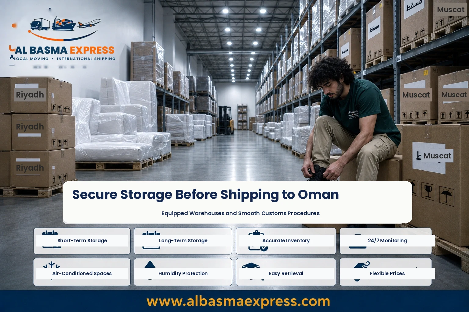 Boxes stored in a warehouse before shipping from Riyadh to Oman