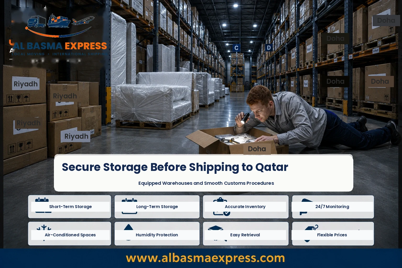 Boxes stored in a warehouse before shipping from Riyadh to Qatar
