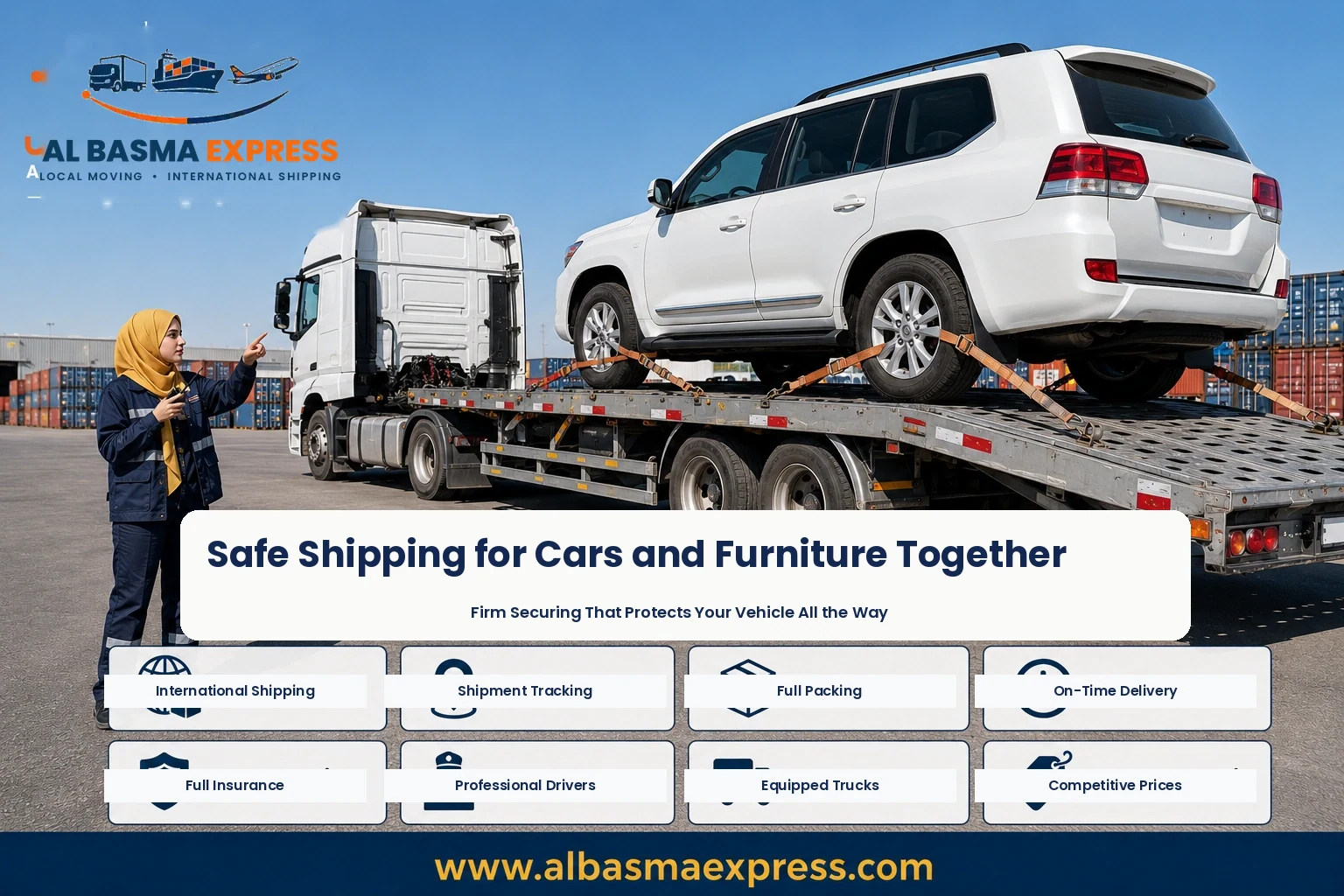 Car secured on a carrier for shipping from Riyadh to Sharjah