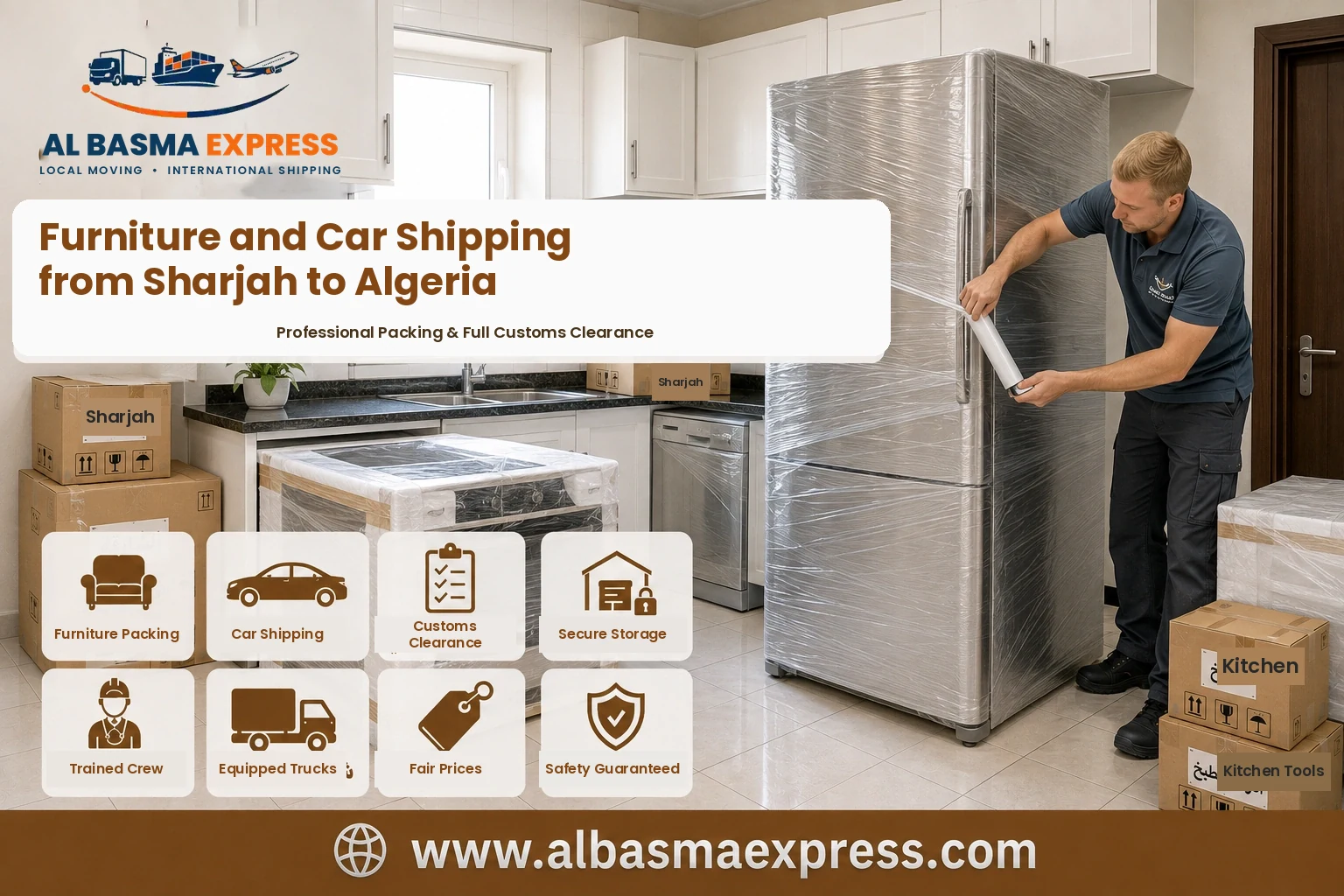 Fridge being wrapped in Sharjah for shipping to Algeria
