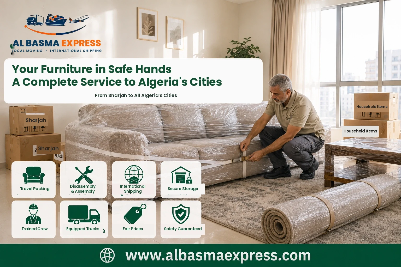 Sofa being wrapped in Sharjah for shipping to Algeria