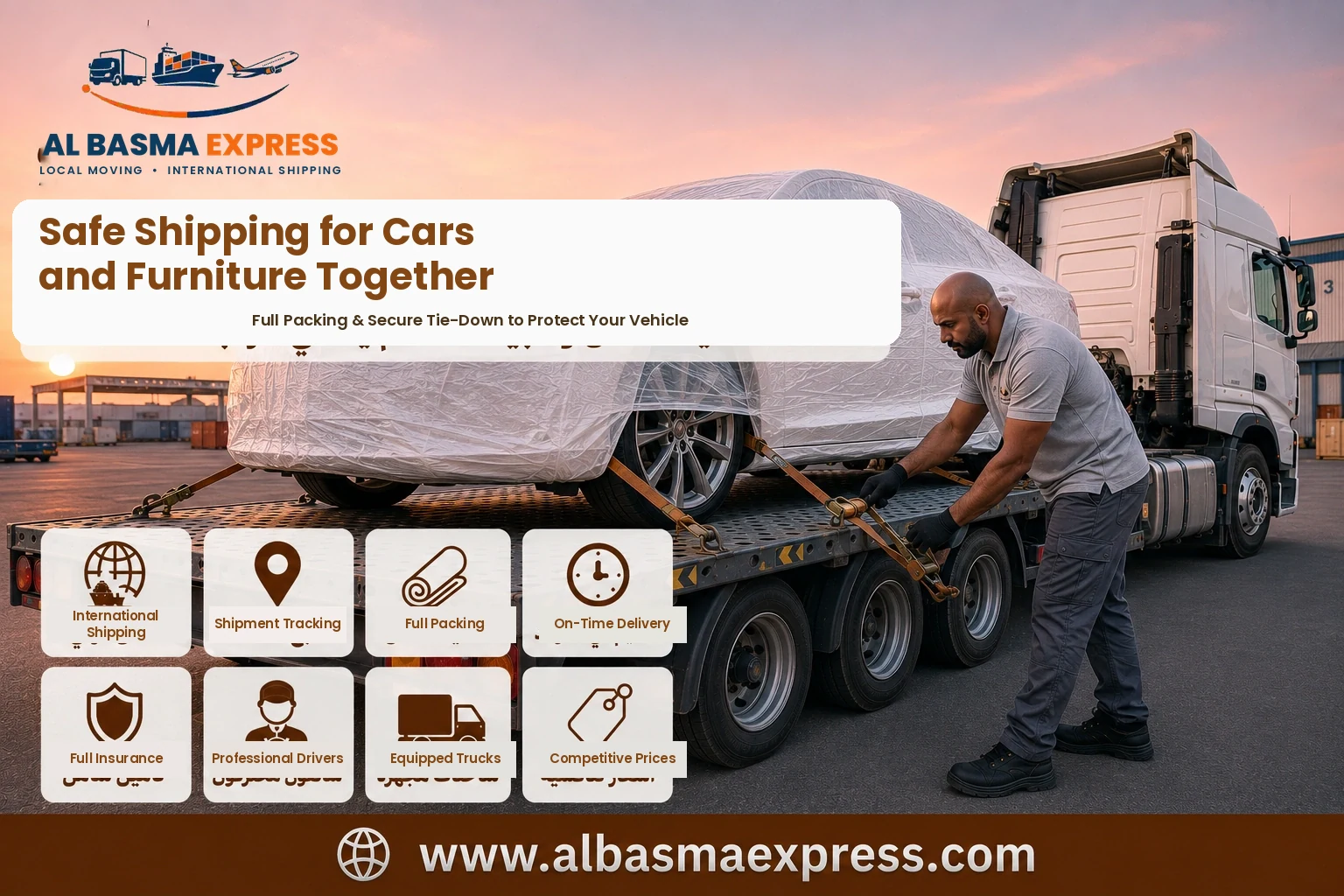 Covered car being secured on a flatbed for shipping from Sharjah to Algeria