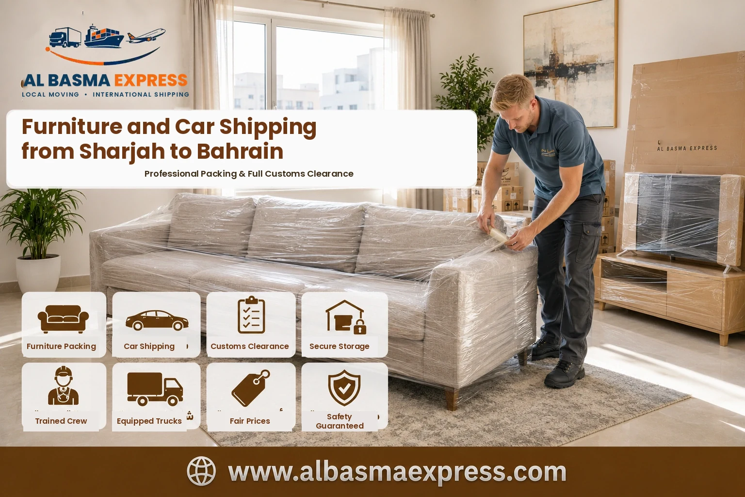 Sofa being wrapped in Sharjah for shipping to Bahrain