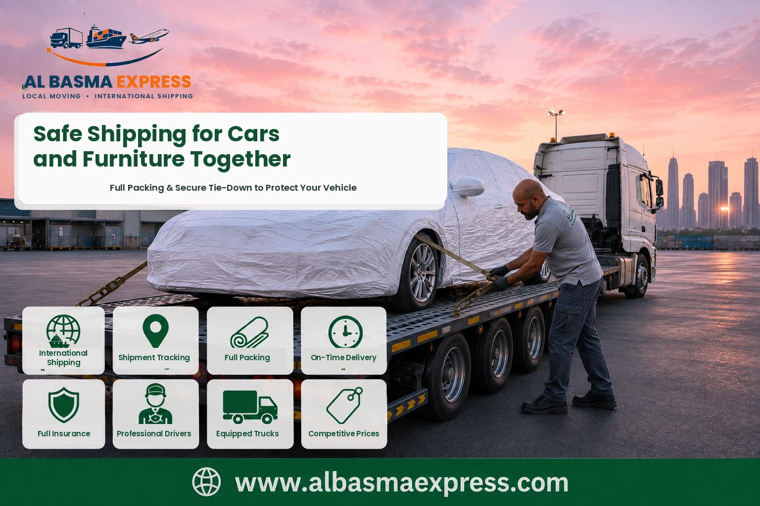 Covered car being secured on a flatbed for shipping from Sharjah to Bahrain