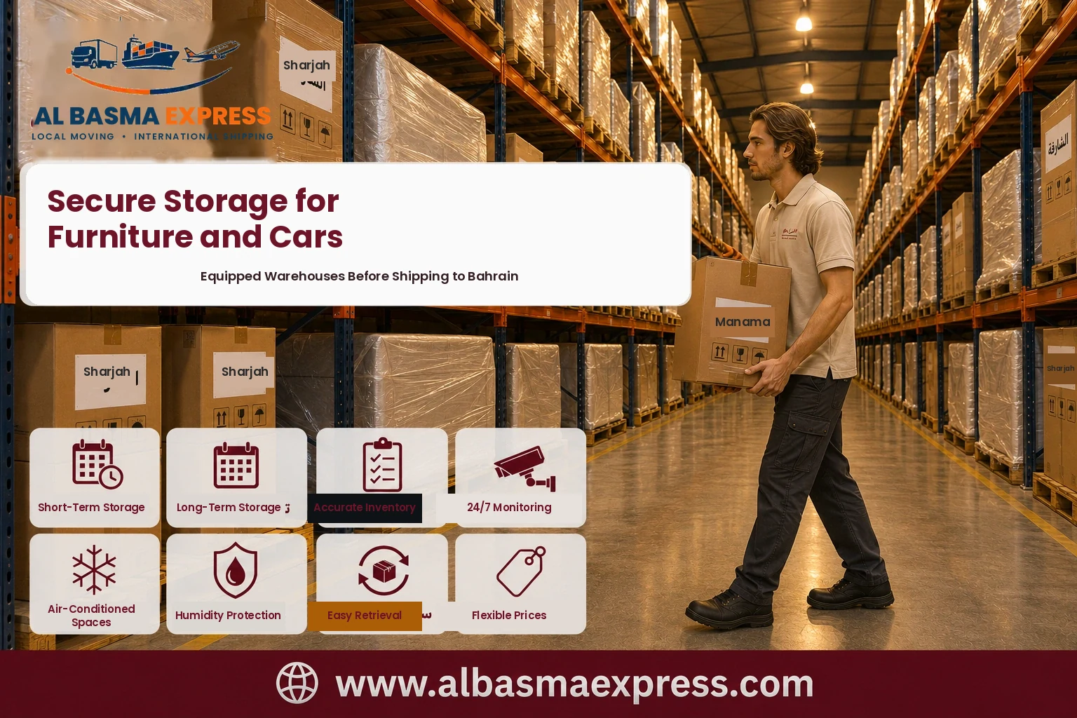 Boxes stored in an equipped warehouse before shipping from Sharjah to Bahrain