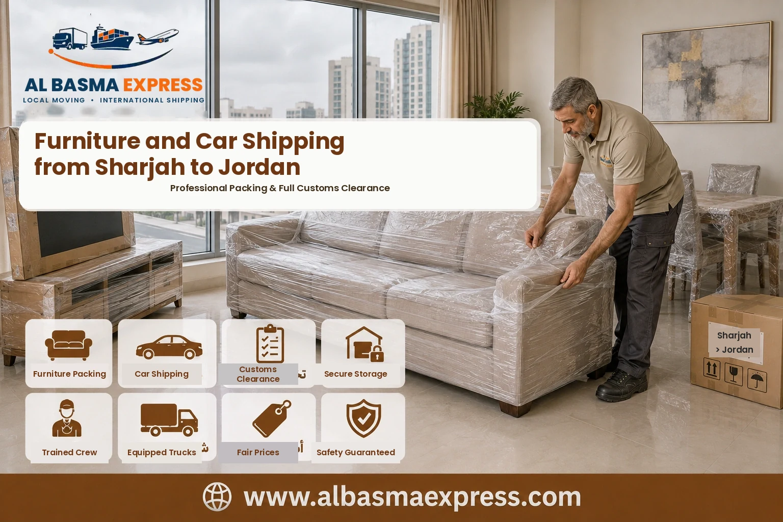 Sofa being wrapped in Sharjah for shipping to Jordan