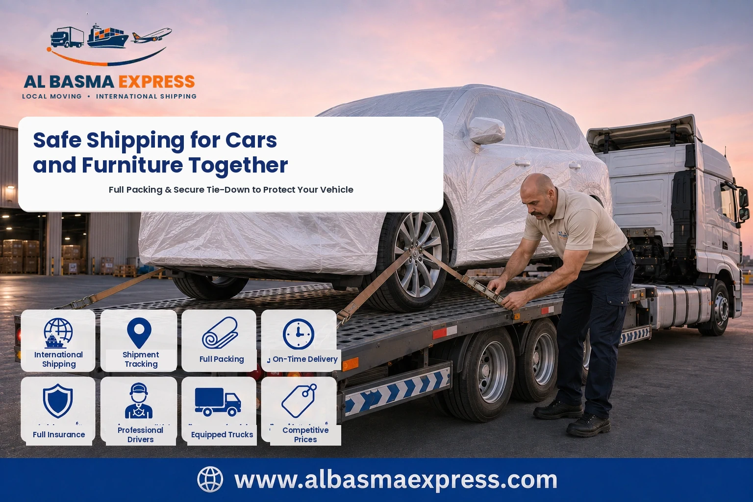 Covered car secured on a flatbed for shipping from Sharjah to Jordan