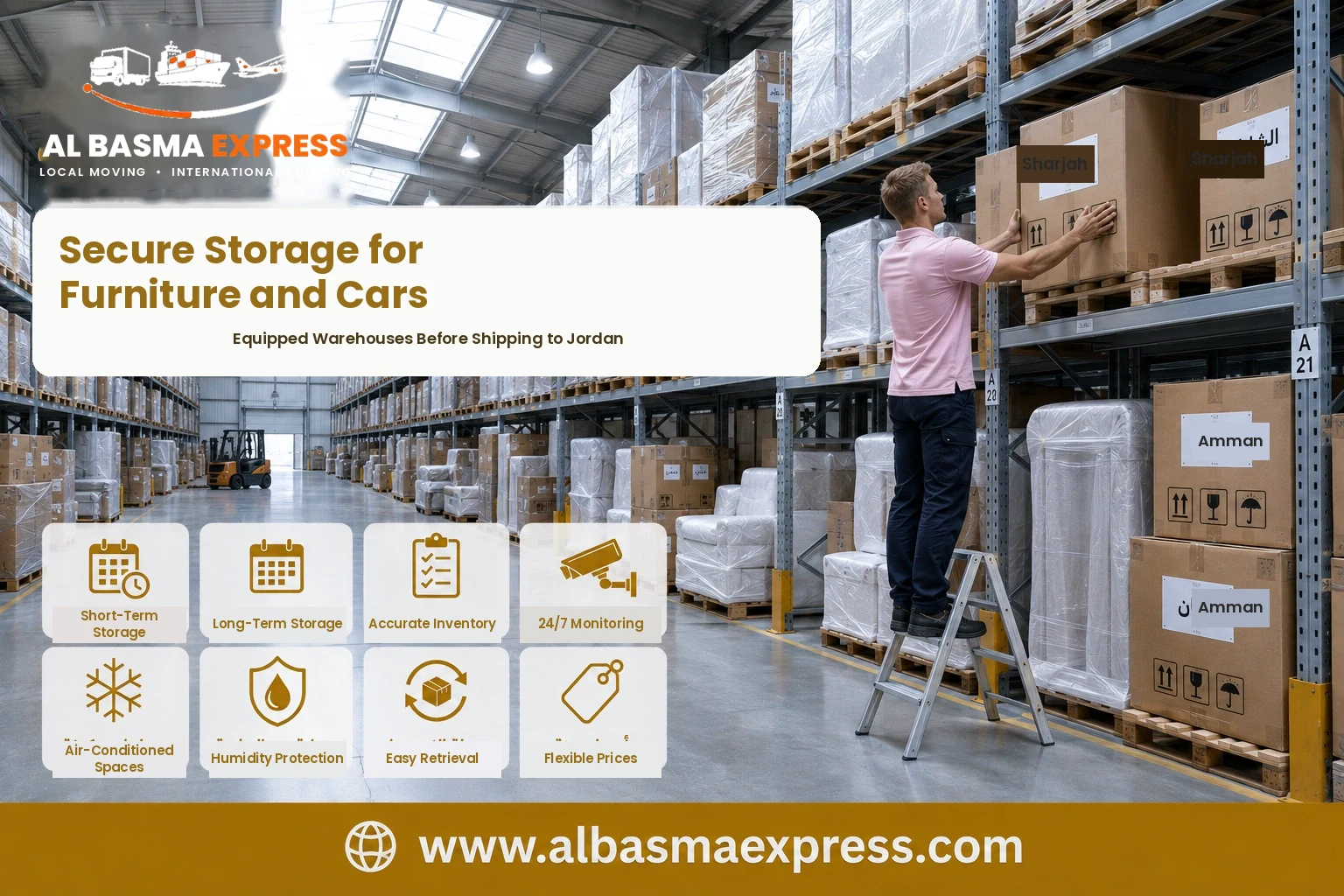 Boxes stored in an equipped warehouse before shipping from Sharjah to Jordan