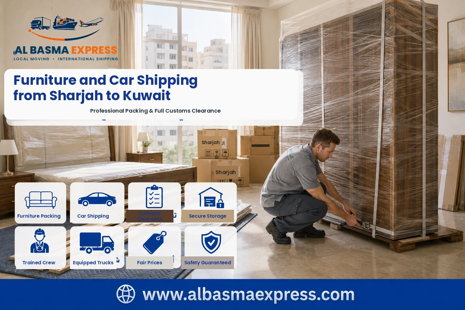 Wardrobe being wrapped in Sharjah for shipping to Kuwait