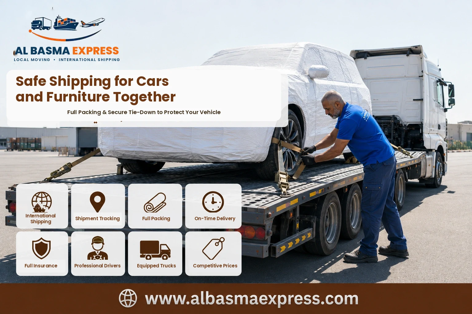 Covered car being secured on a flatbed for shipping from Sharjah to Kuwait
